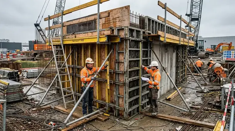 Systeembekisting en schoren rond een betonwand klaar voor de stort