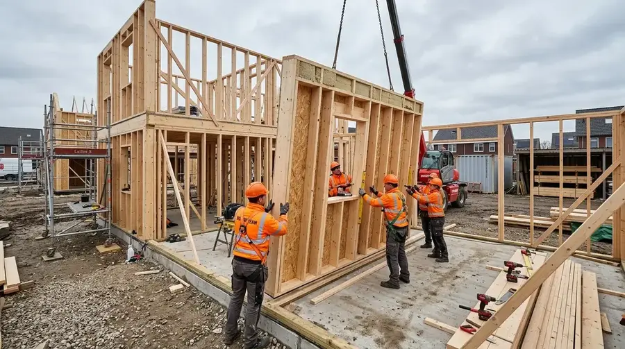 Houten wandelementen worden met een kraan op hun plek gehesen
